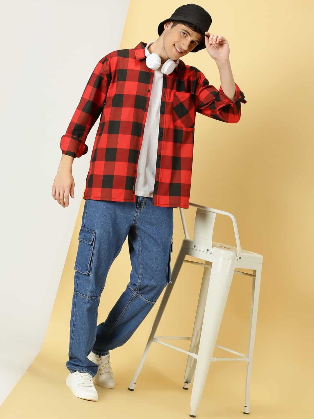 Thomas Scott Men Smart Checked Spread Collar Long Sleeves Oversized Casual Shacket