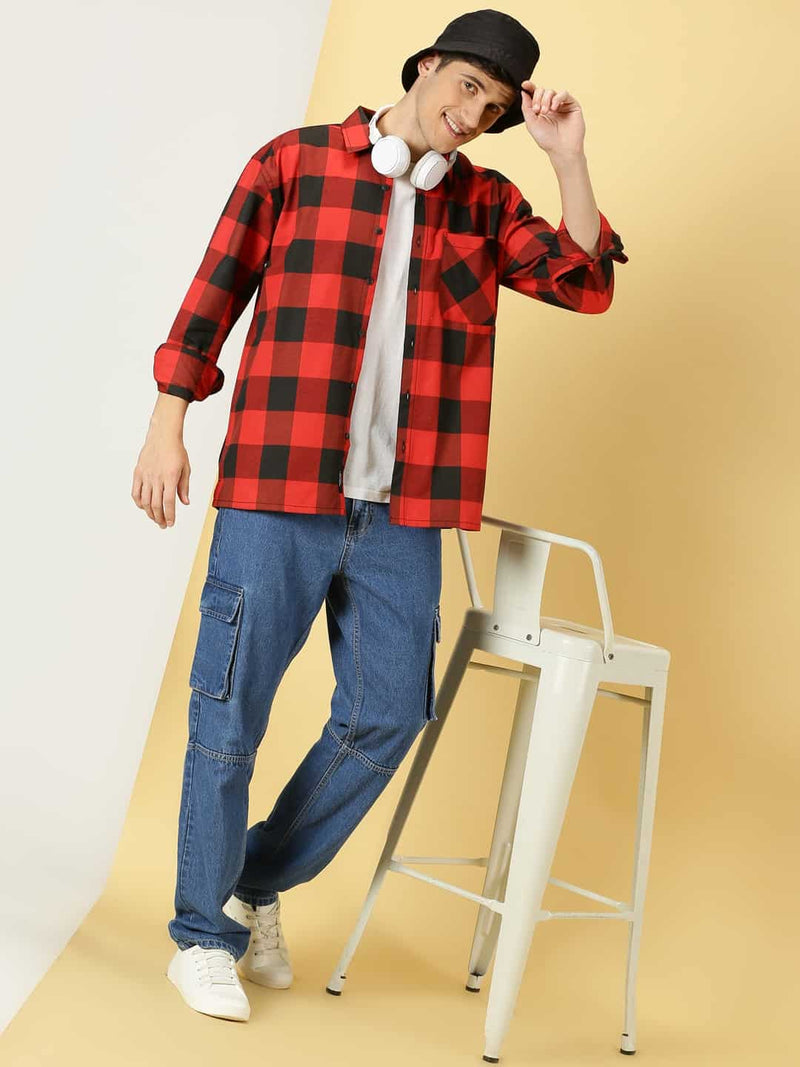 Thomas Scott Men Smart Checked Spread Collar Long Sleeves Oversized Casual Shacket
