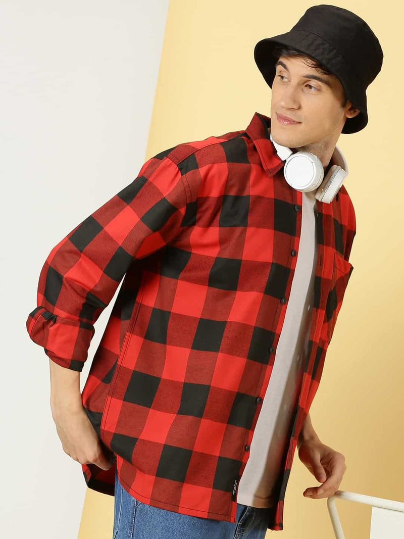 Thomas Scott Men Smart Checked Spread Collar Long Sleeves Oversized Casual Shacket