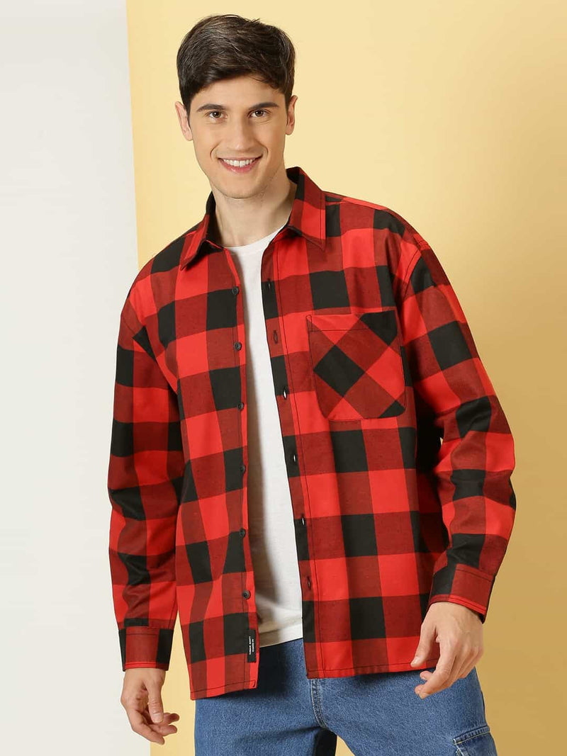 Thomas Scott Men Smart Checked Spread Collar Long Sleeves Oversized Casual Shacket