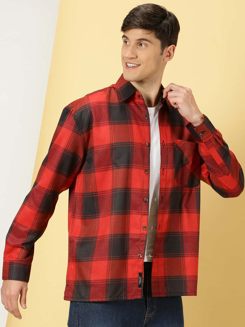 Thomas Scott Men Smart Checked Spread Collar Long Sleeves Oversized Casual Shacket