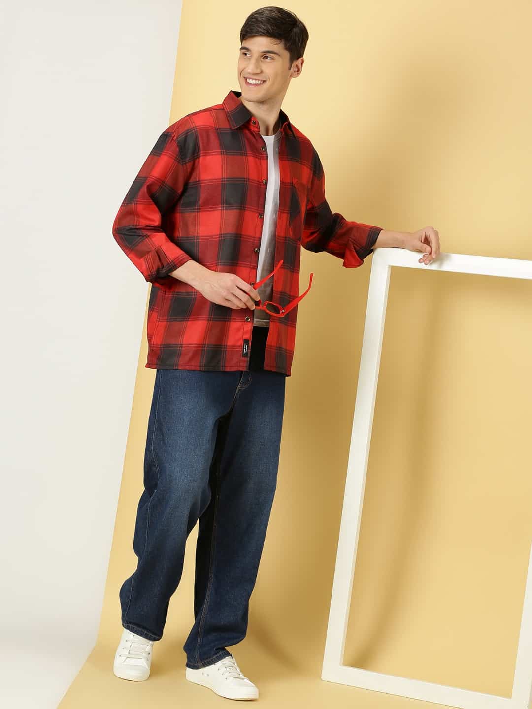 Thomas Scott Men Smart Checked Spread Collar Long Sleeves Oversized Casual Shacket