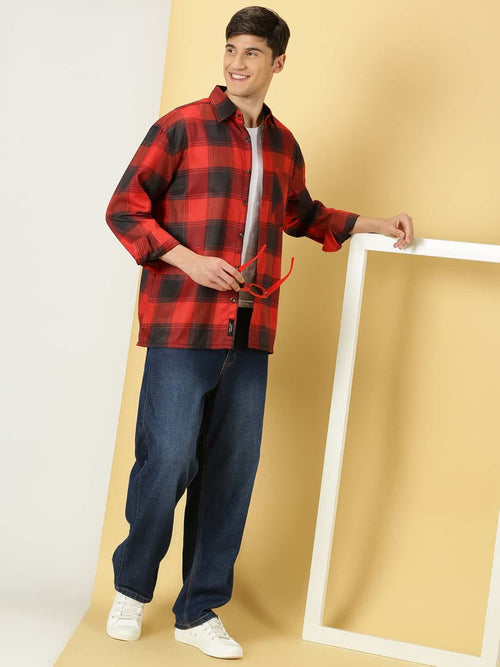 Thomas Scott Men Smart Checked Spread Collar Long Sleeves Oversized Casual Shacket