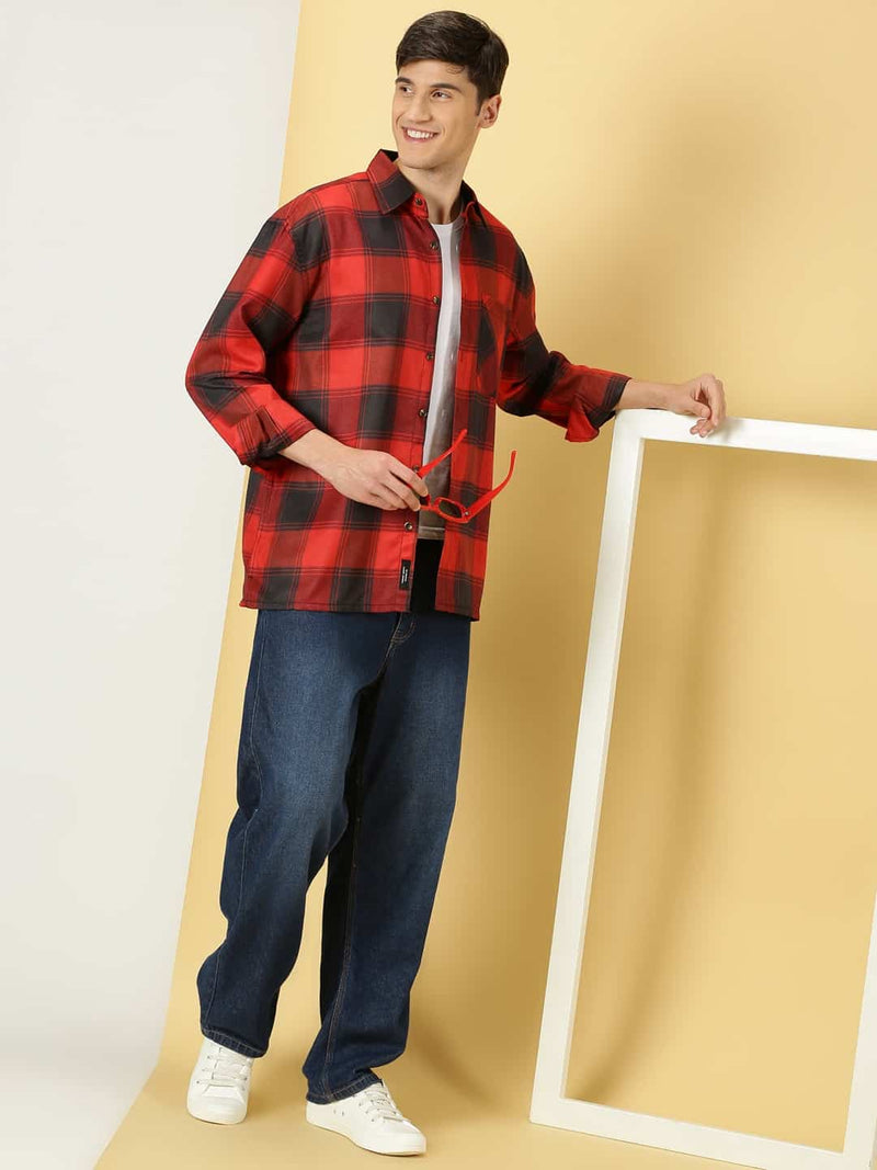 Thomas Scott Men Smart Checked Spread Collar Long Sleeves Oversized Casual Shacket