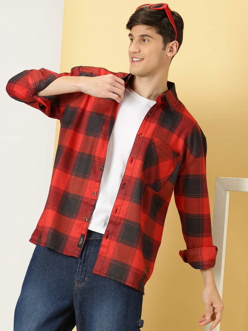 Thomas Scott Men Smart Checked Spread Collar Long Sleeves Oversized Casual Shacket