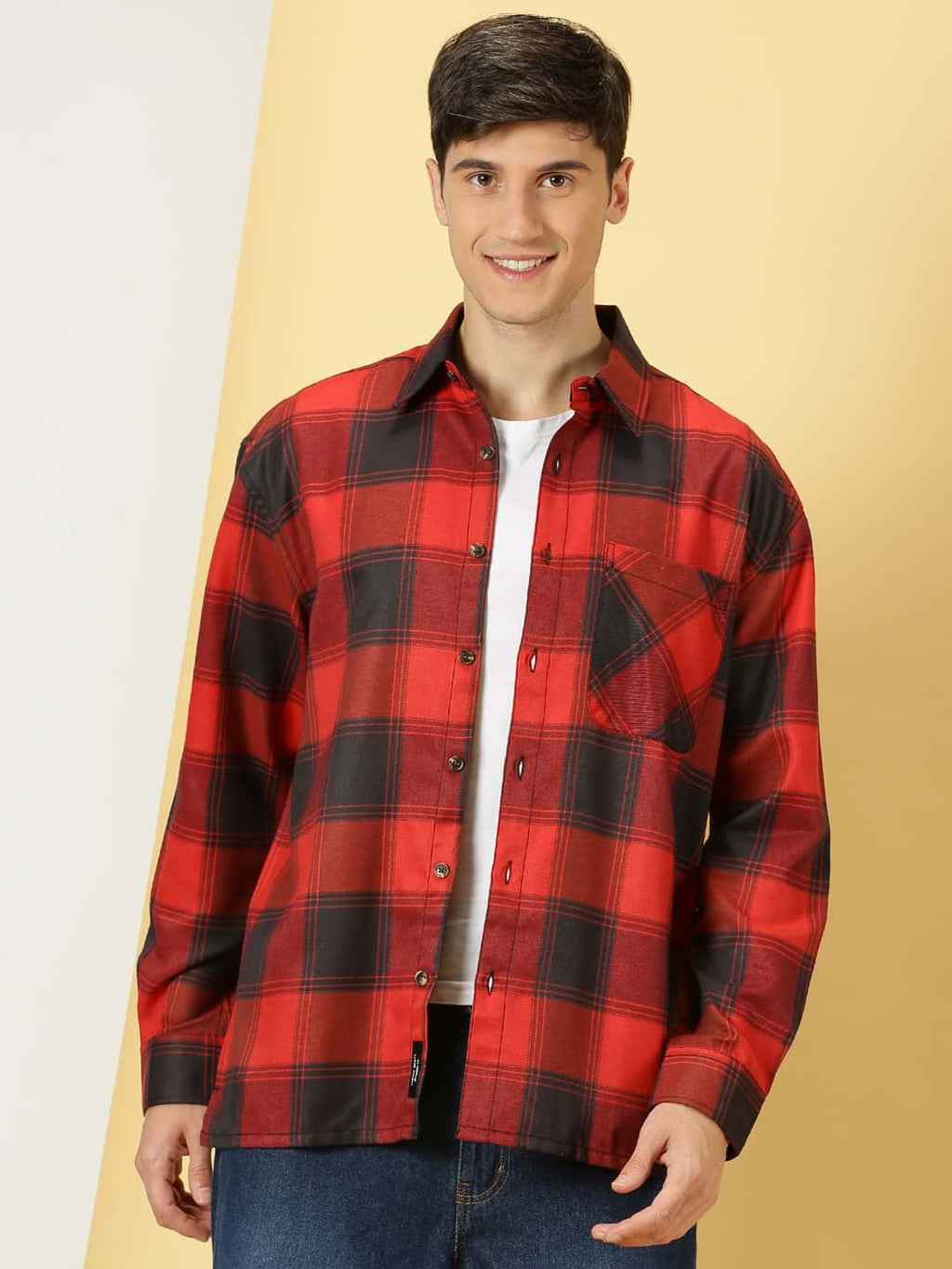 Thomas Scott Men Smart Checked Spread Collar Long Sleeves Oversized Casual Shacket