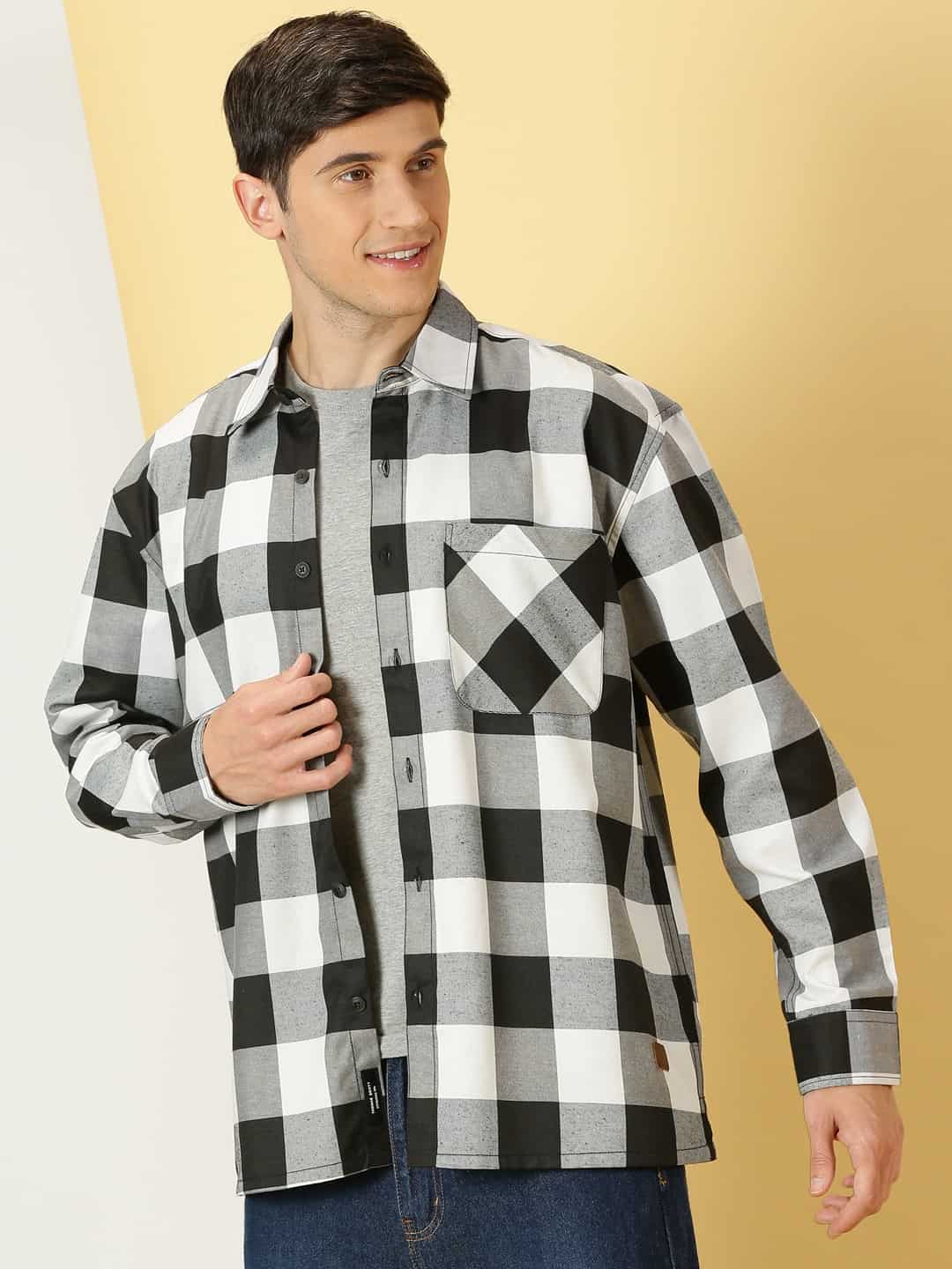 Thomas Scott Men Smart Buffalo Checked Cotton Oversized Casual Shacket