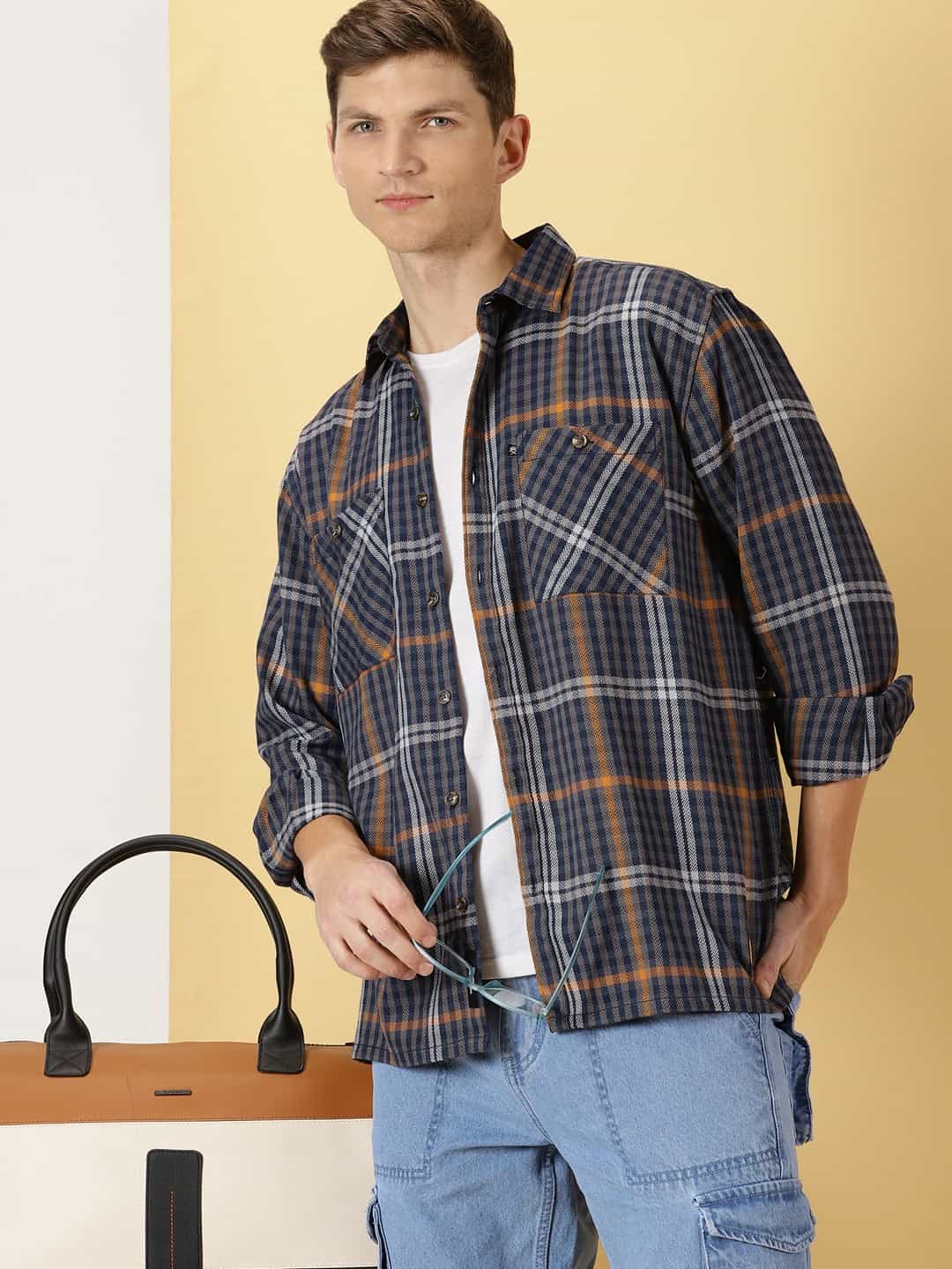 Thomas Scott Men Smart Tartan Checks Opaque Oversized Casual Shirt
