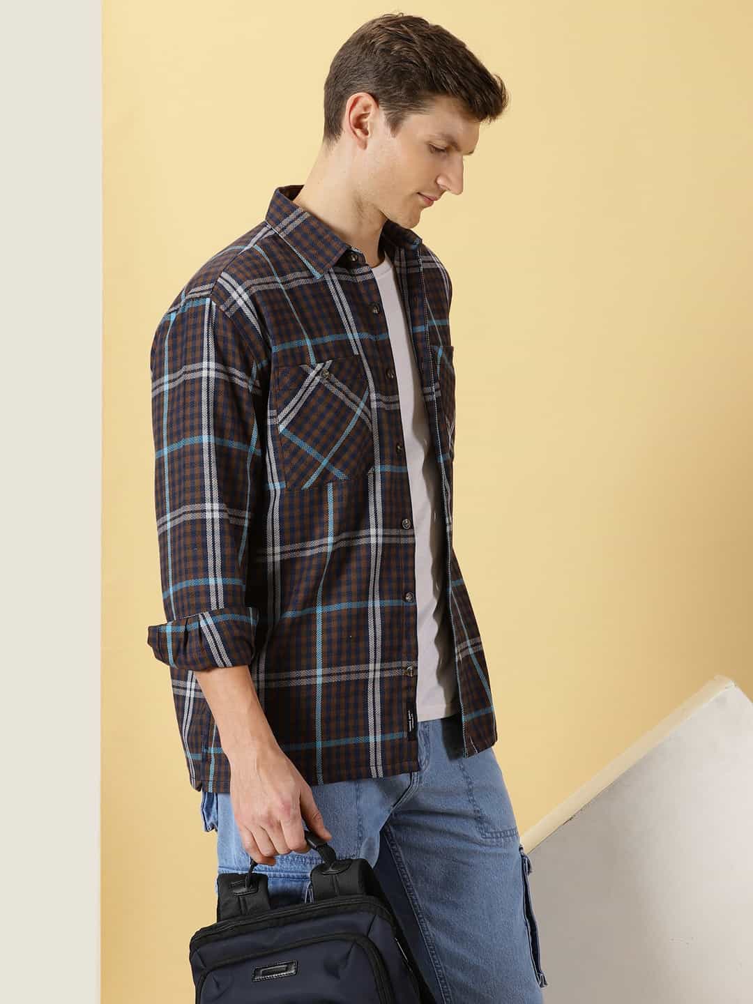 Thomas Scott Men Smart Tartan Checks Opaque Oversized Casual Shirt