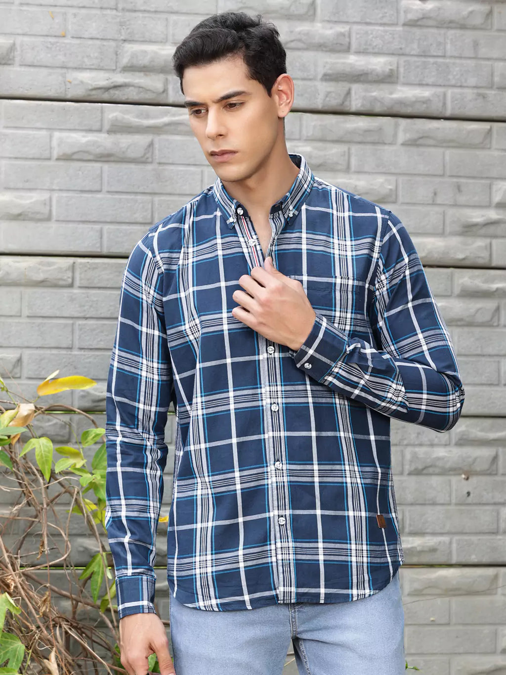 Thomas Scott Men Premium Slim Fit Tartan Checked Button-Down Collar Casual Shirt