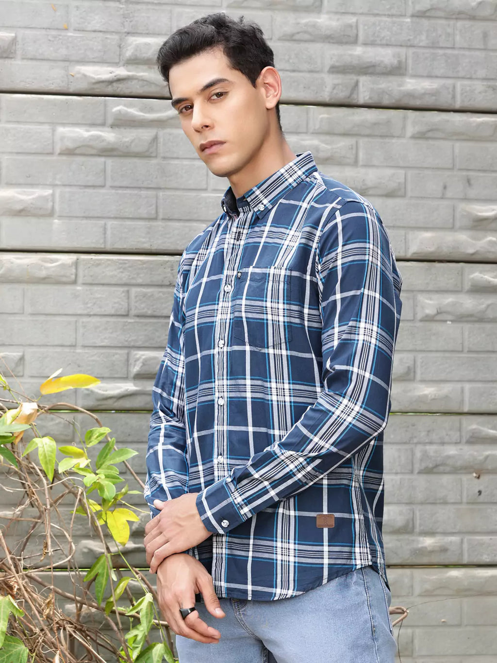 Thomas Scott Men Premium Slim Fit Tartan Checked Button-Down Collar Casual Shirt