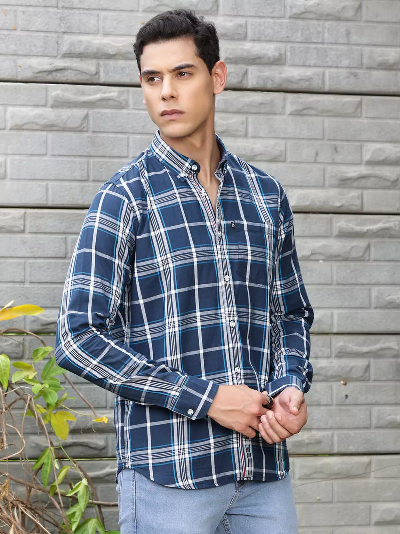 Thomas Scott Men Premium Slim Fit Tartan Checked Button-Down Collar Casual Shirt