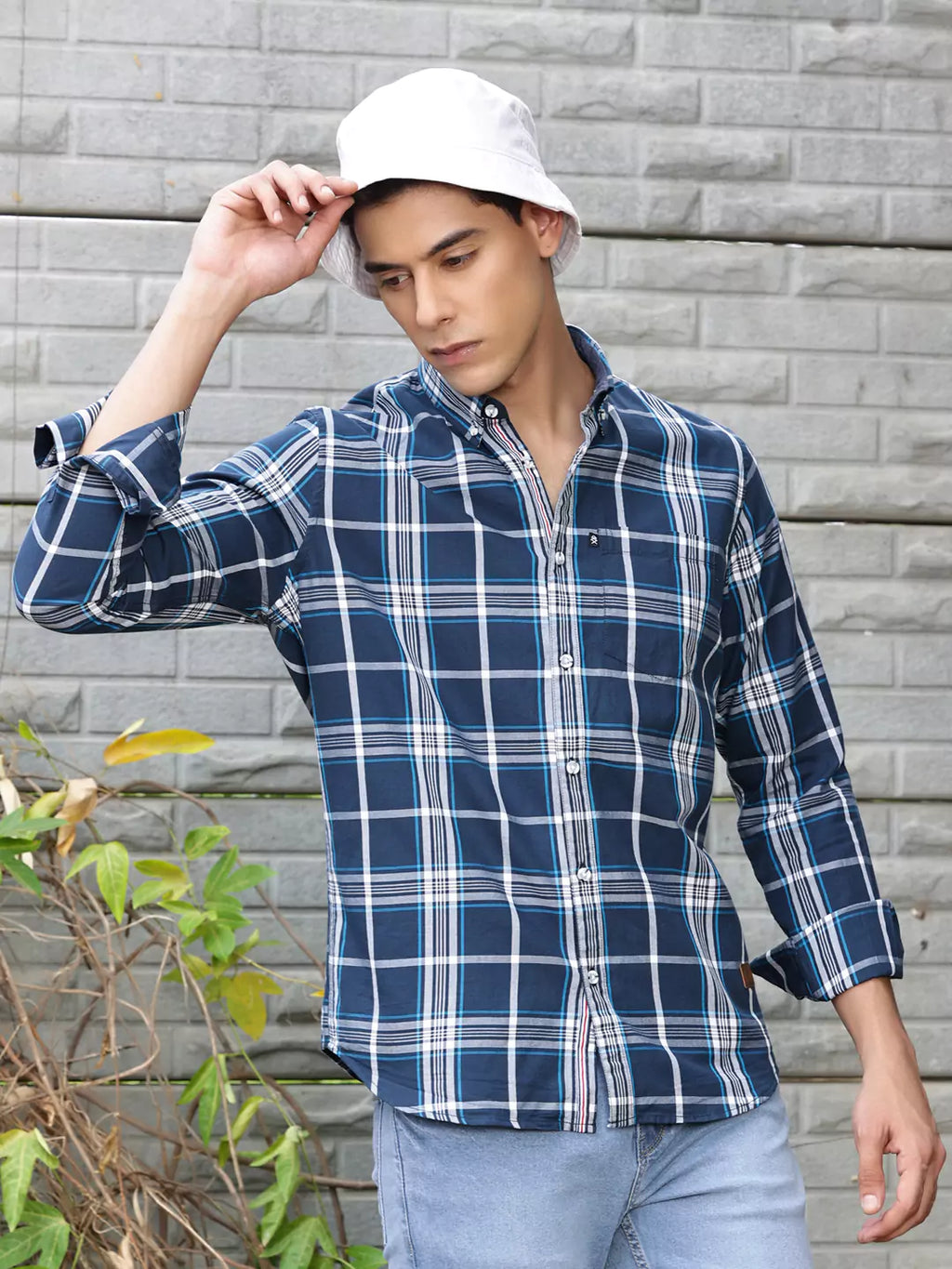 Thomas Scott Men Premium Slim Fit Tartan Checked Button-Down Collar Casual Shirt