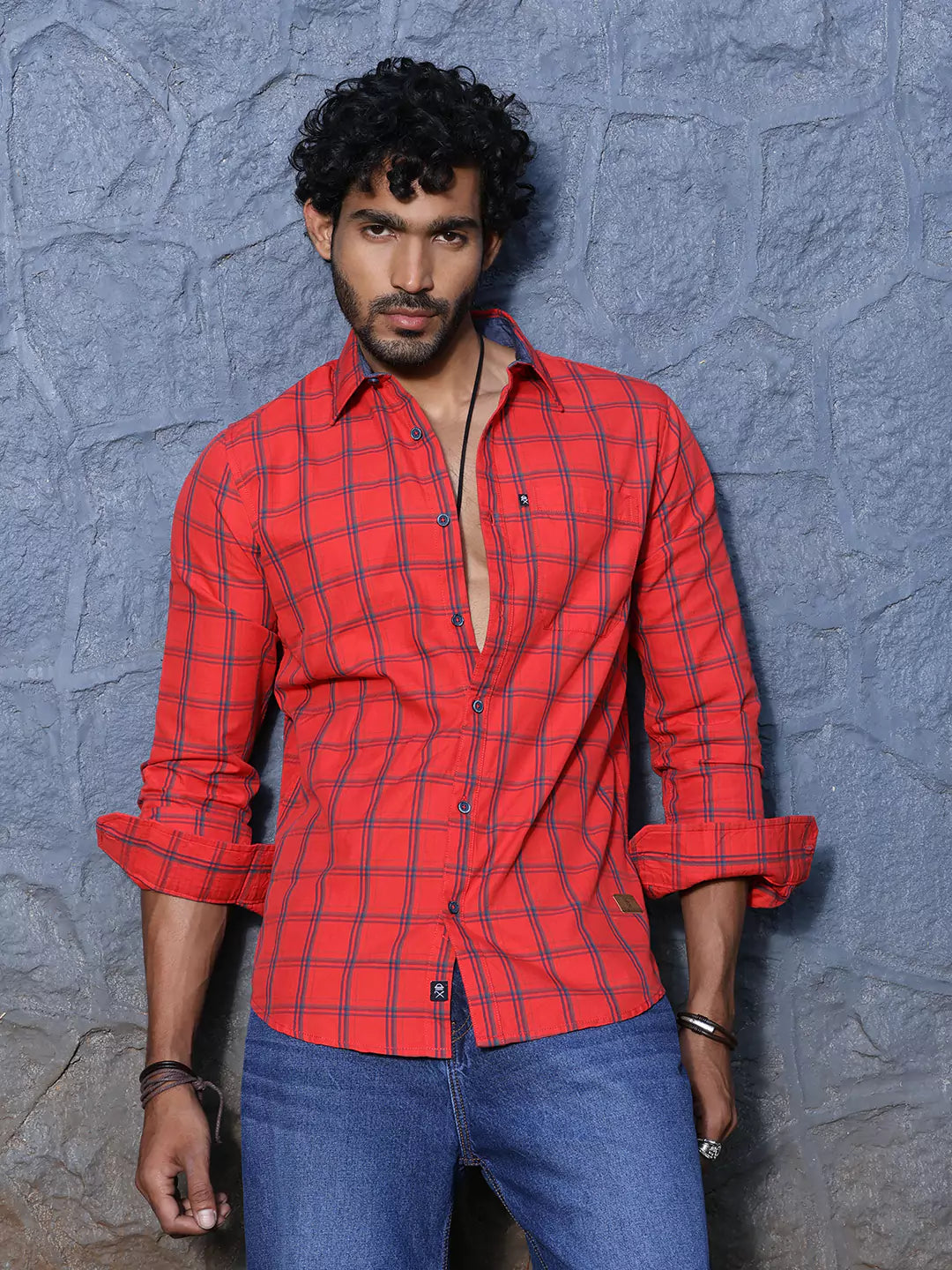 Thomas Scott Men Slim Fit Checked Spread Collar Long Sleeves Cotton Casual Shirt