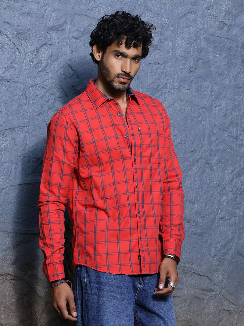 Thomas Scott Men Slim Fit Checked Spread Collar Long Sleeves Cotton Casual Shirt