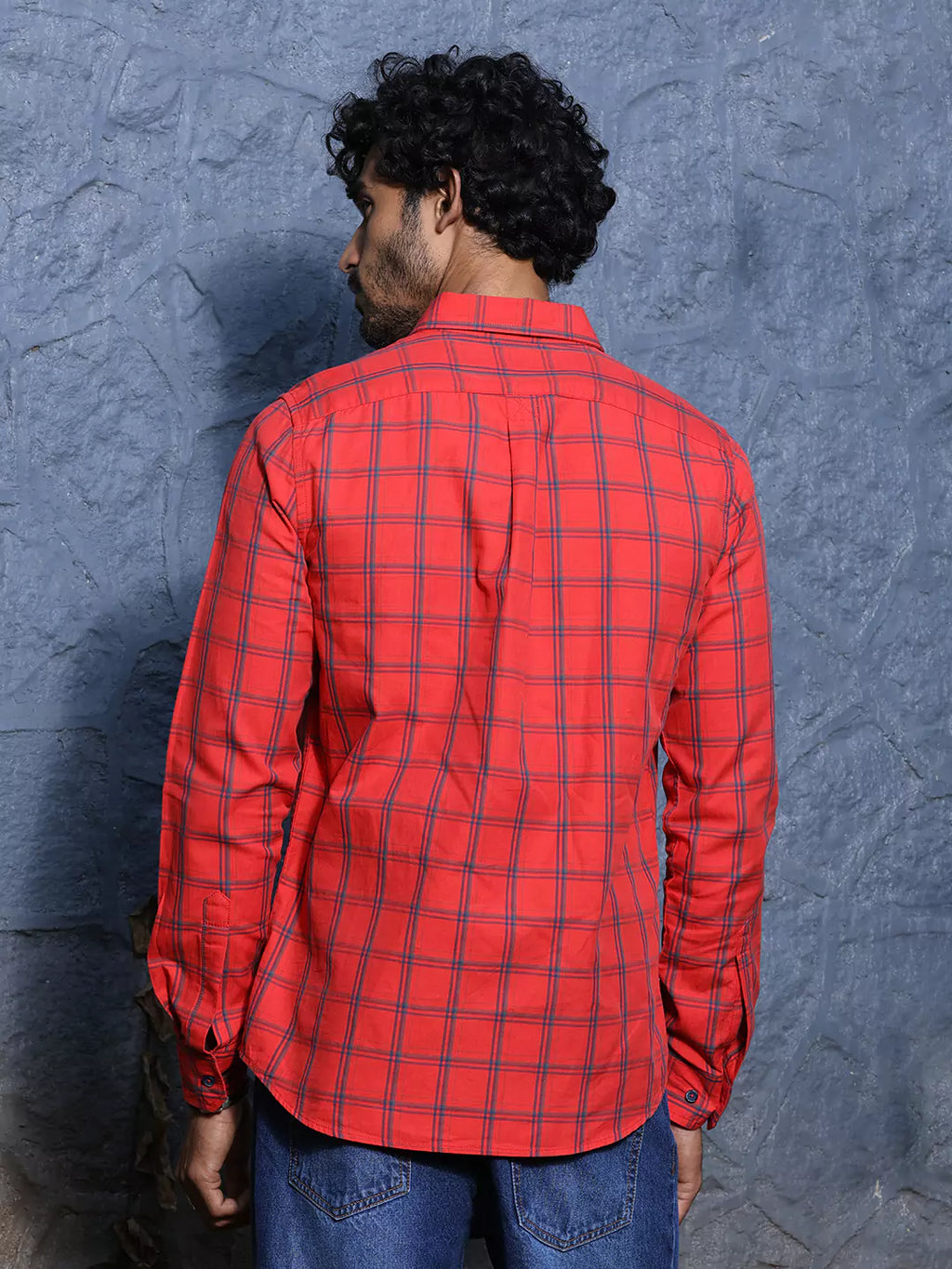 Thomas Scott Men Slim Fit Checked Spread Collar Long Sleeves Cotton Casual Shirt