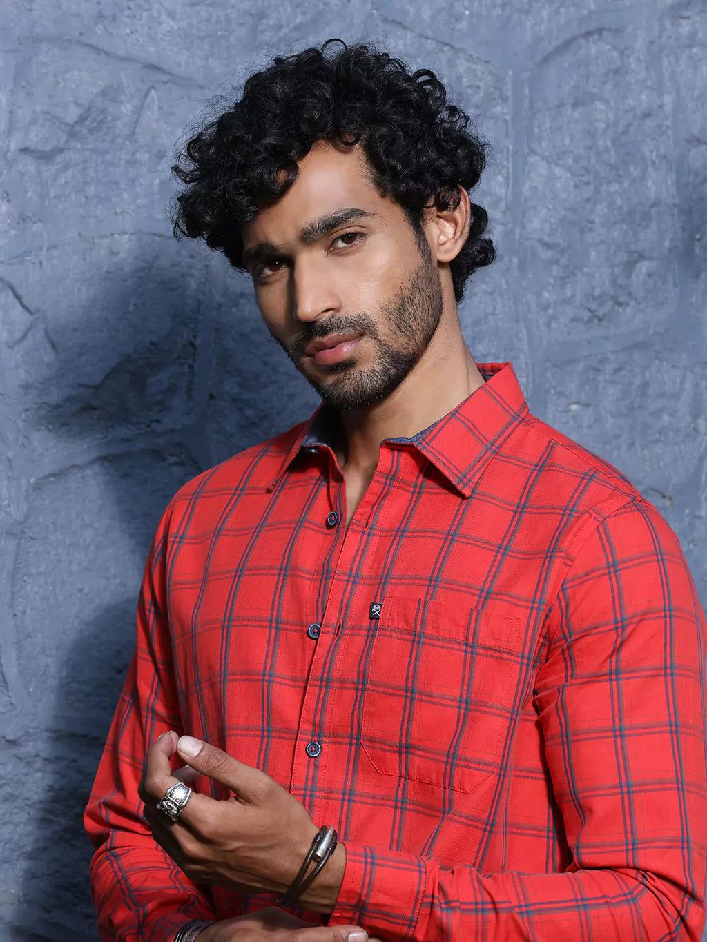 Thomas Scott Men Slim Fit Checked Spread Collar Long Sleeves Cotton Casual Shirt