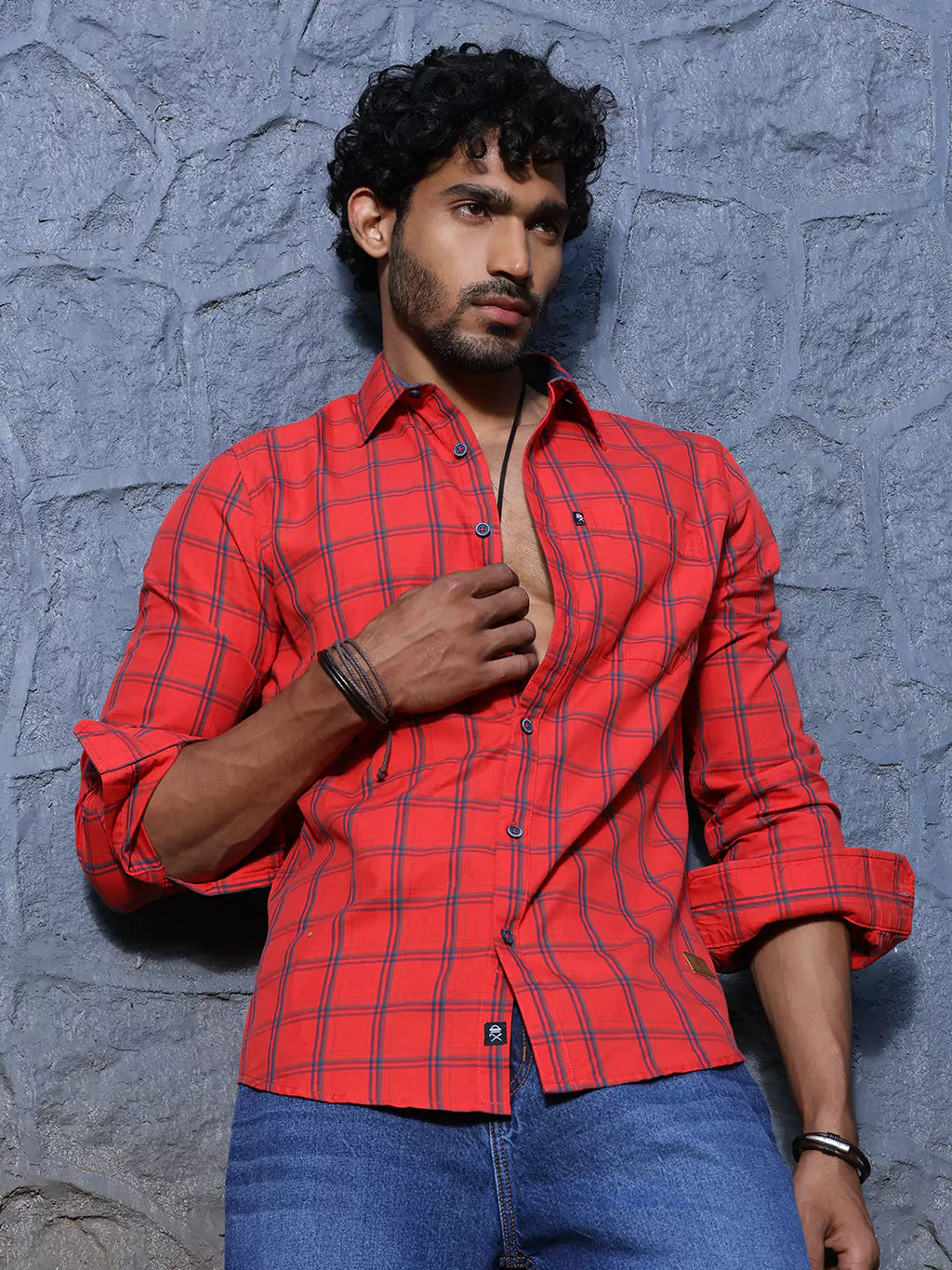 Thomas Scott Men Slim Fit Checked Spread Collar Long Sleeves Cotton Casual Shirt