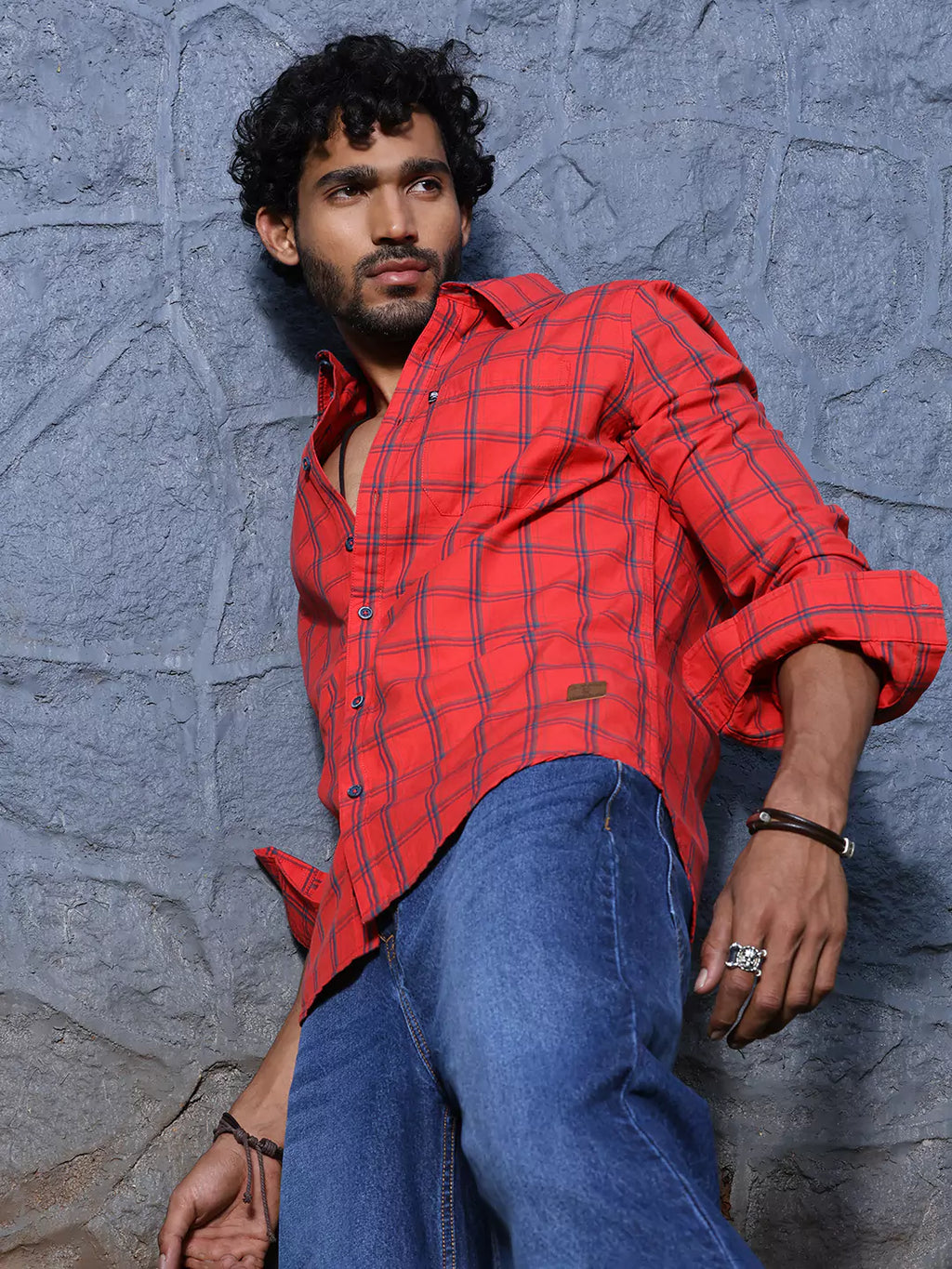 Thomas Scott Men Slim Fit Checked Spread Collar Long Sleeves Cotton Casual Shirt