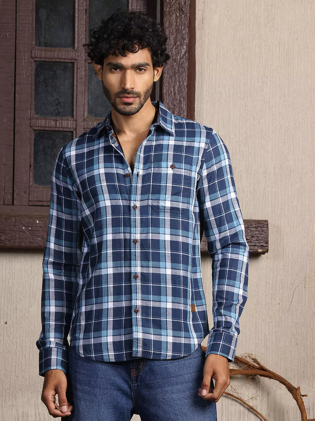 Thomas Scott Men Premium Slim Fit Tartan Checks Opaque Cotton Casual Shirt