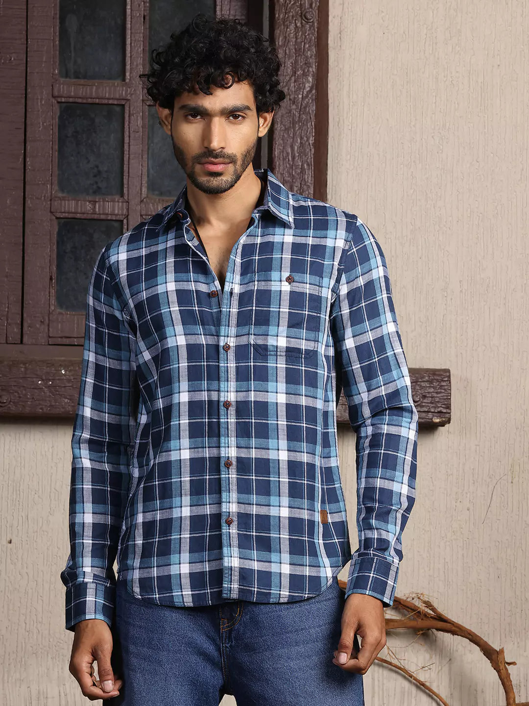 Thomas Scott Men Premium Slim Fit Tartan Checks Opaque Cotton Casual Shirt