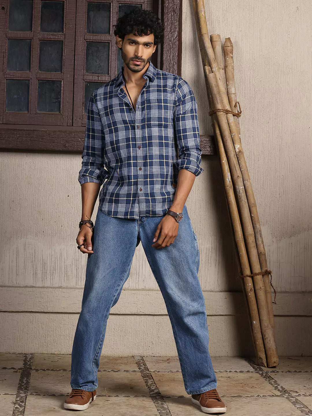 Thomas Scott Men Premium Slim Fit Tartan Checks Cotton Casual Shirt