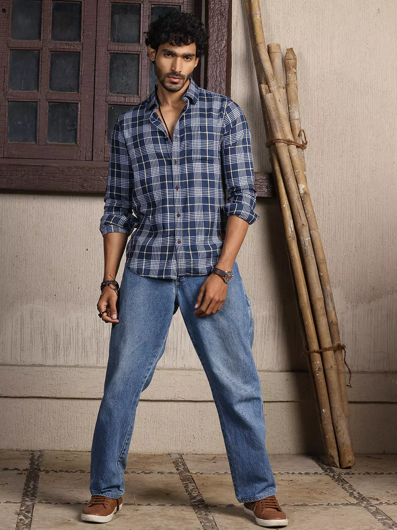 Thomas Scott Men Premium Slim Fit Tartan Checks Cotton Casual Shirt