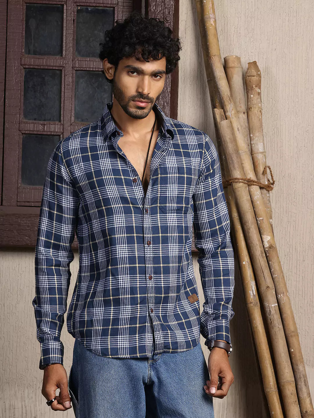 Thomas Scott Men Premium Slim Fit Tartan Checks Cotton Casual Shirt