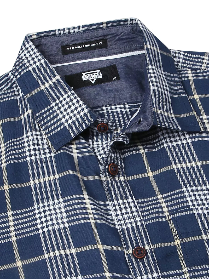 Thomas Scott Men Premium Slim Fit Tartan Checks Cotton Casual Shirt