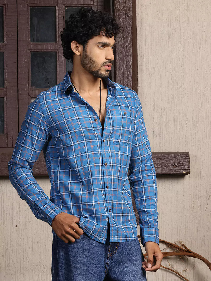 Thomas Scott Men Premium Slim Fit Tartan Checks Opaque Cotton Casual Shirt