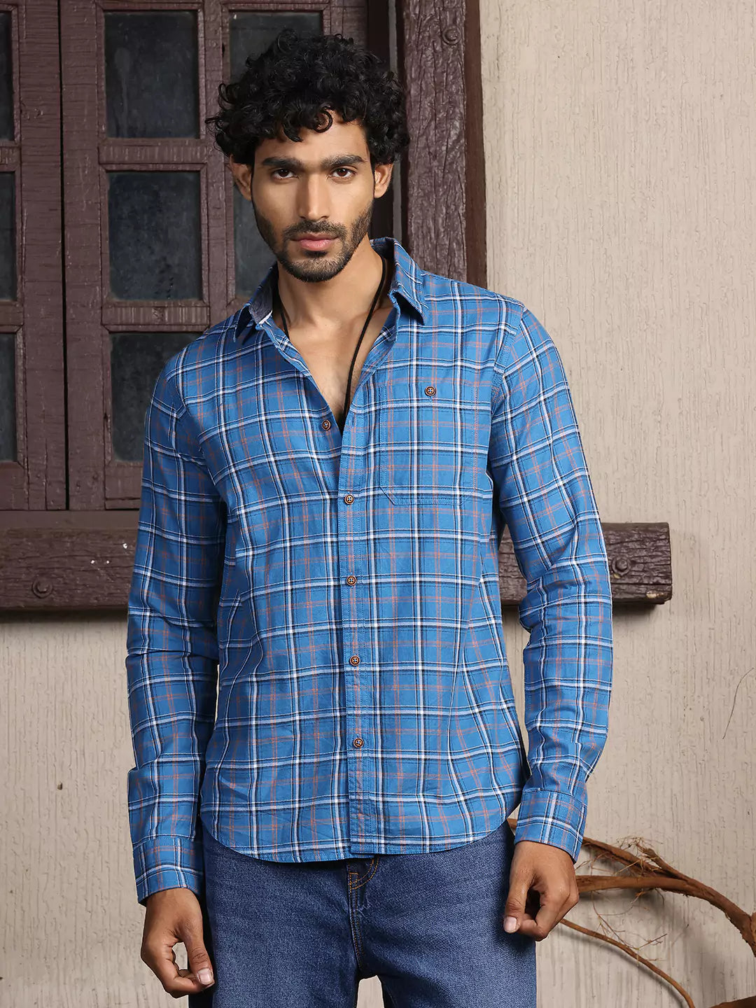 Thomas Scott Men Premium Slim Fit Tartan Checks Opaque Cotton Casual Shirt