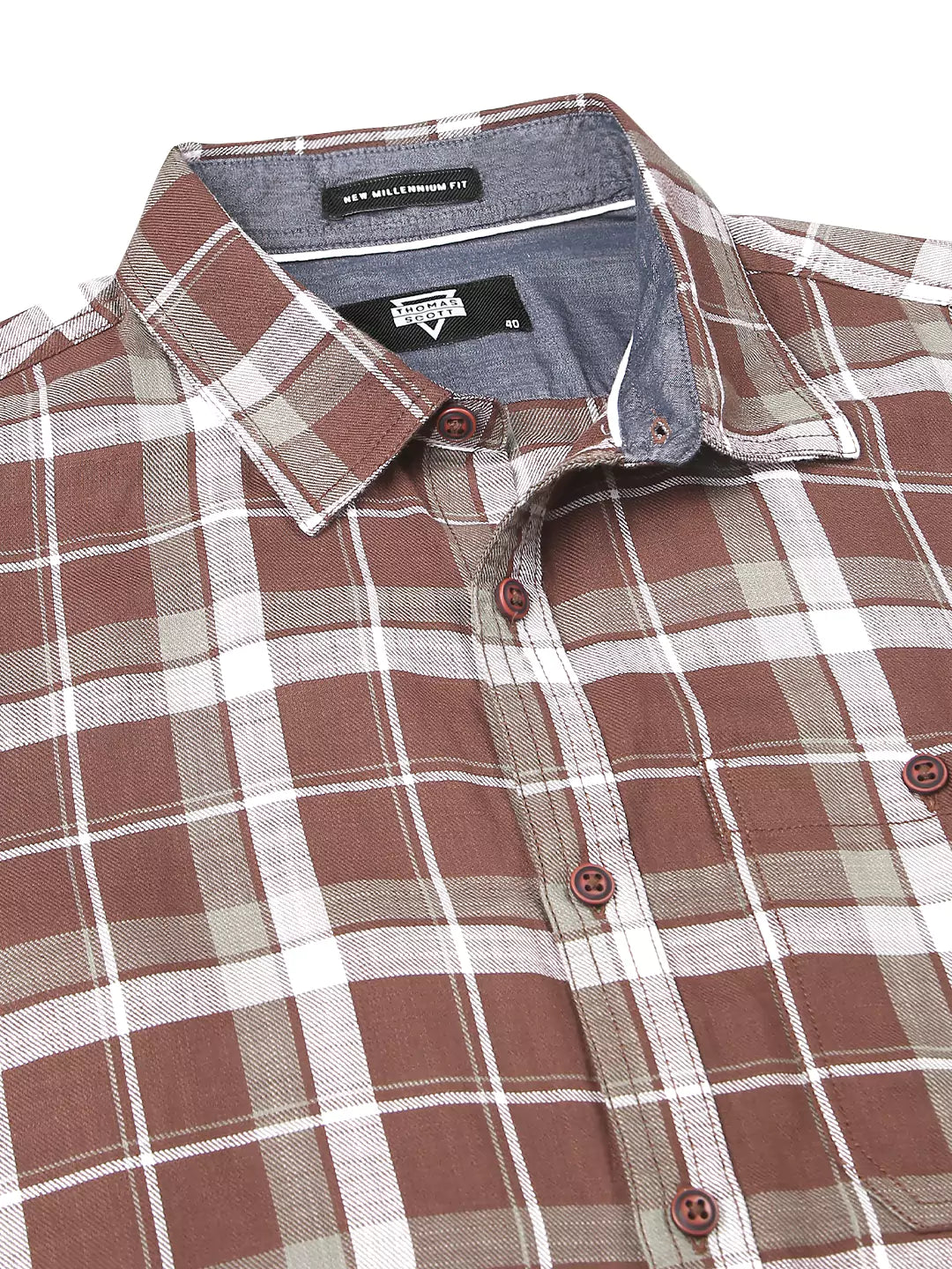 Thomas Scott Men Slim Fit Tartan Checked Spread Collar Long Sleeves Cotton Casual Shirt