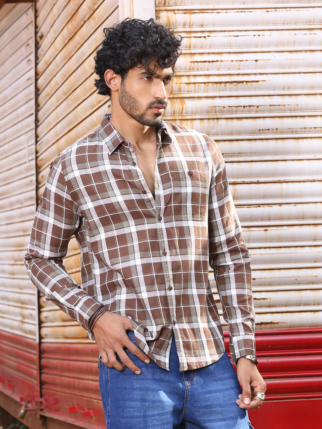 Thomas Scott Men Slim Fit Tartan Checked Spread Collar Long Sleeves Cotton Casual Shirt