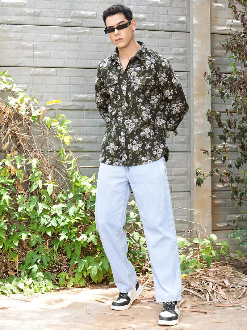 Thomas Scott Men Premium Slim Fit Floral Printed Spread Collar Casual Shirt