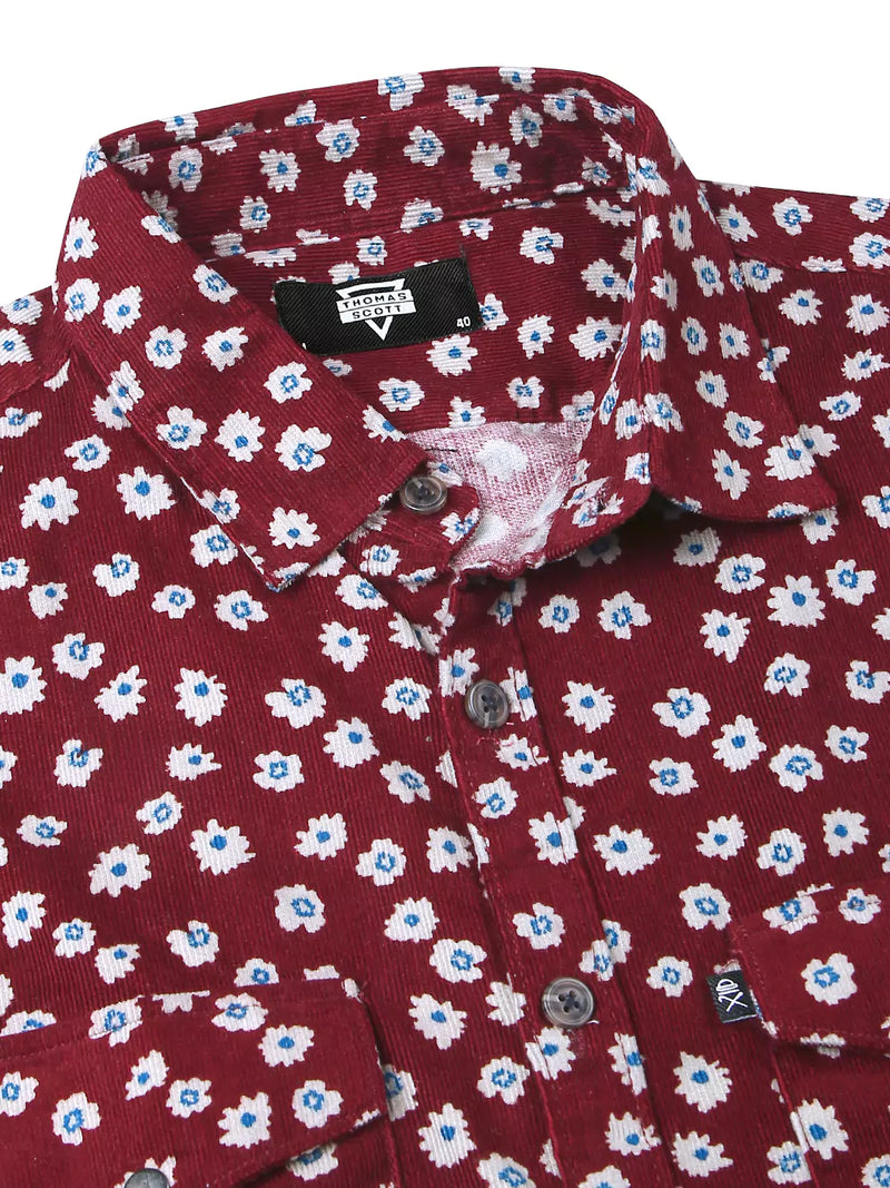 Thomas Scott Men Standard Slim Fit Floral Printed Pure Cotton Corduroy Casual Shirt