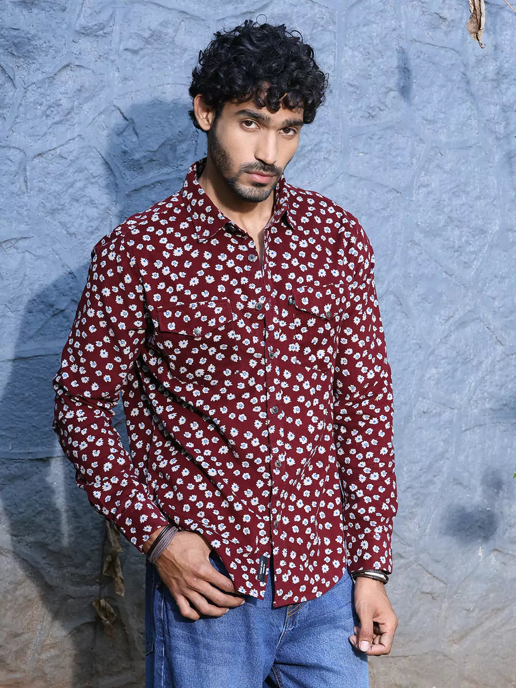 Thomas Scott Men Standard Slim Fit Floral Printed Pure Cotton Corduroy Casual Shirt