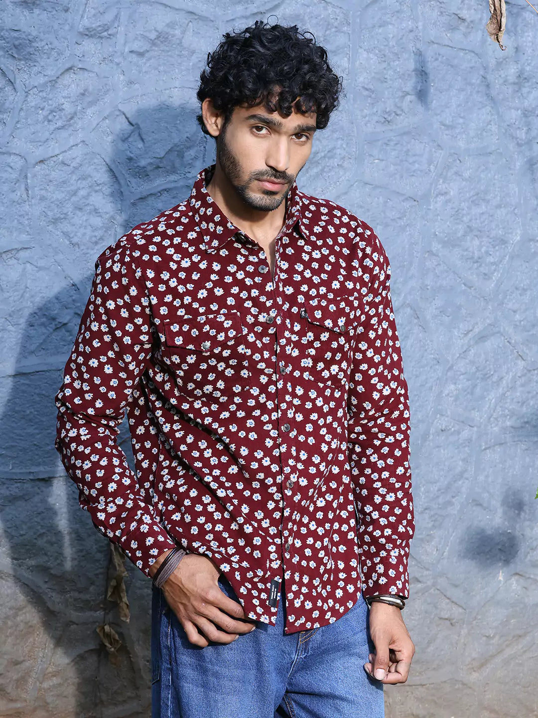 Thomas Scott Men Standard Slim Fit Floral Printed Pure Cotton Corduroy Casual Shirt