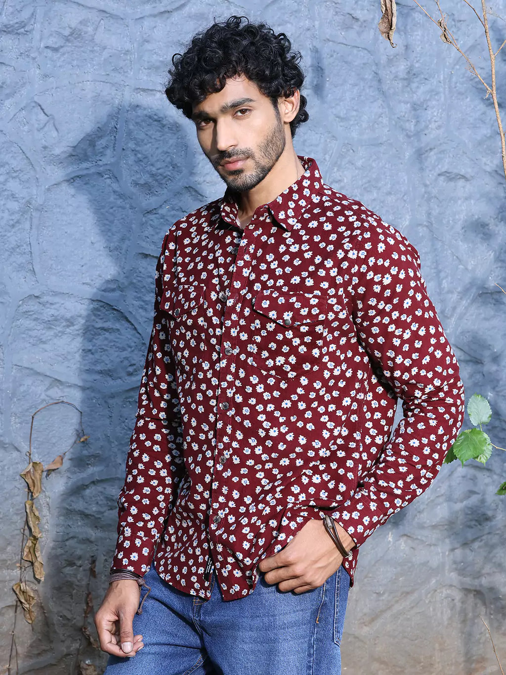 Thomas Scott Men Standard Slim Fit Floral Printed Pure Cotton Corduroy Casual Shirt