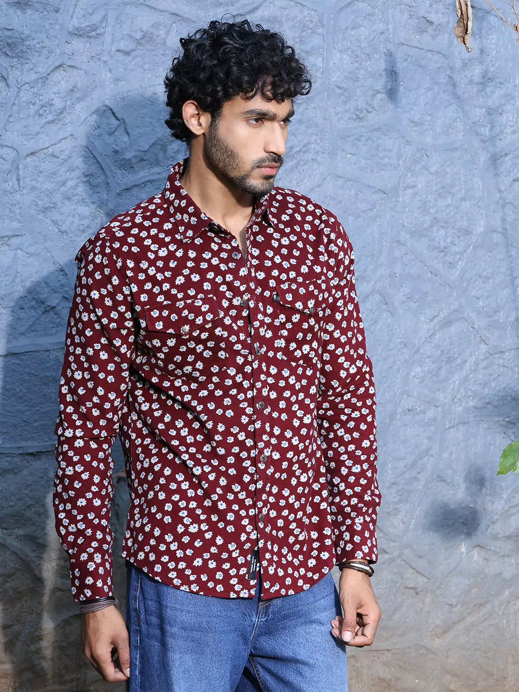 Thomas Scott Men Standard Slim Fit Floral Printed Pure Cotton Corduroy Casual Shirt