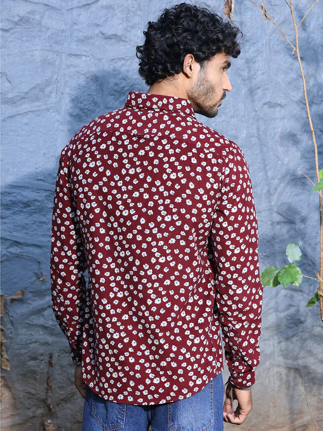 Thomas Scott Men Standard Slim Fit Floral Printed Pure Cotton Corduroy Casual Shirt