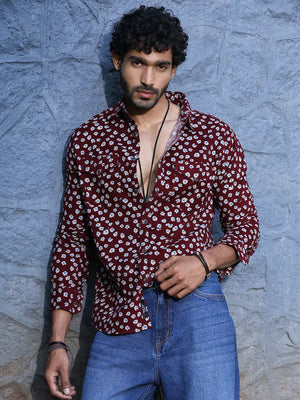 Thomas Scott Men Standard Slim Fit Floral Printed Pure Cotton Corduroy Casual Shirt