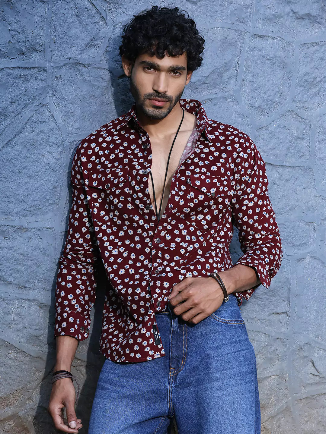 Thomas Scott Men Standard Slim Fit Floral Printed Pure Cotton Corduroy Casual Shirt