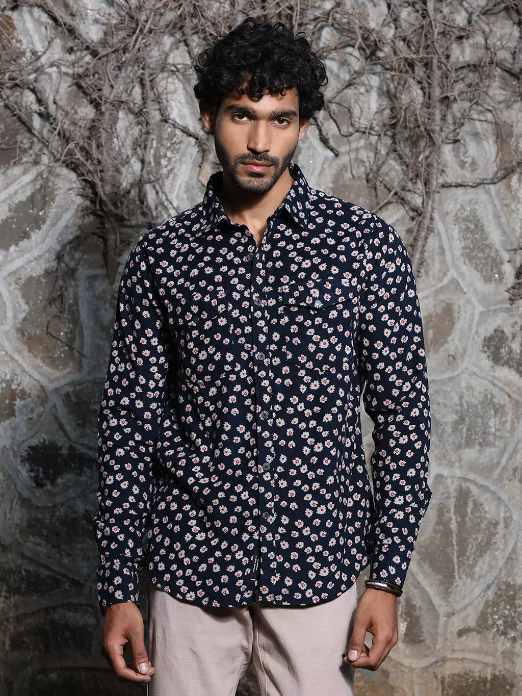 Thomas Scott Men Spread Collar Long Sleeve Premium Slim Fit Floral Printed Cotton Casual Shirt