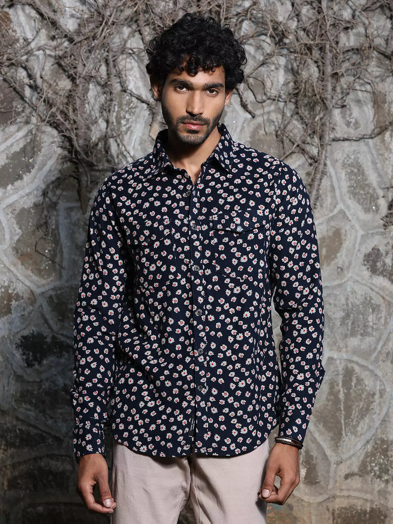 Thomas Scott Men Spread Collar Long Sleeve Premium Slim Fit Floral Printed Cotton Casual Shirt