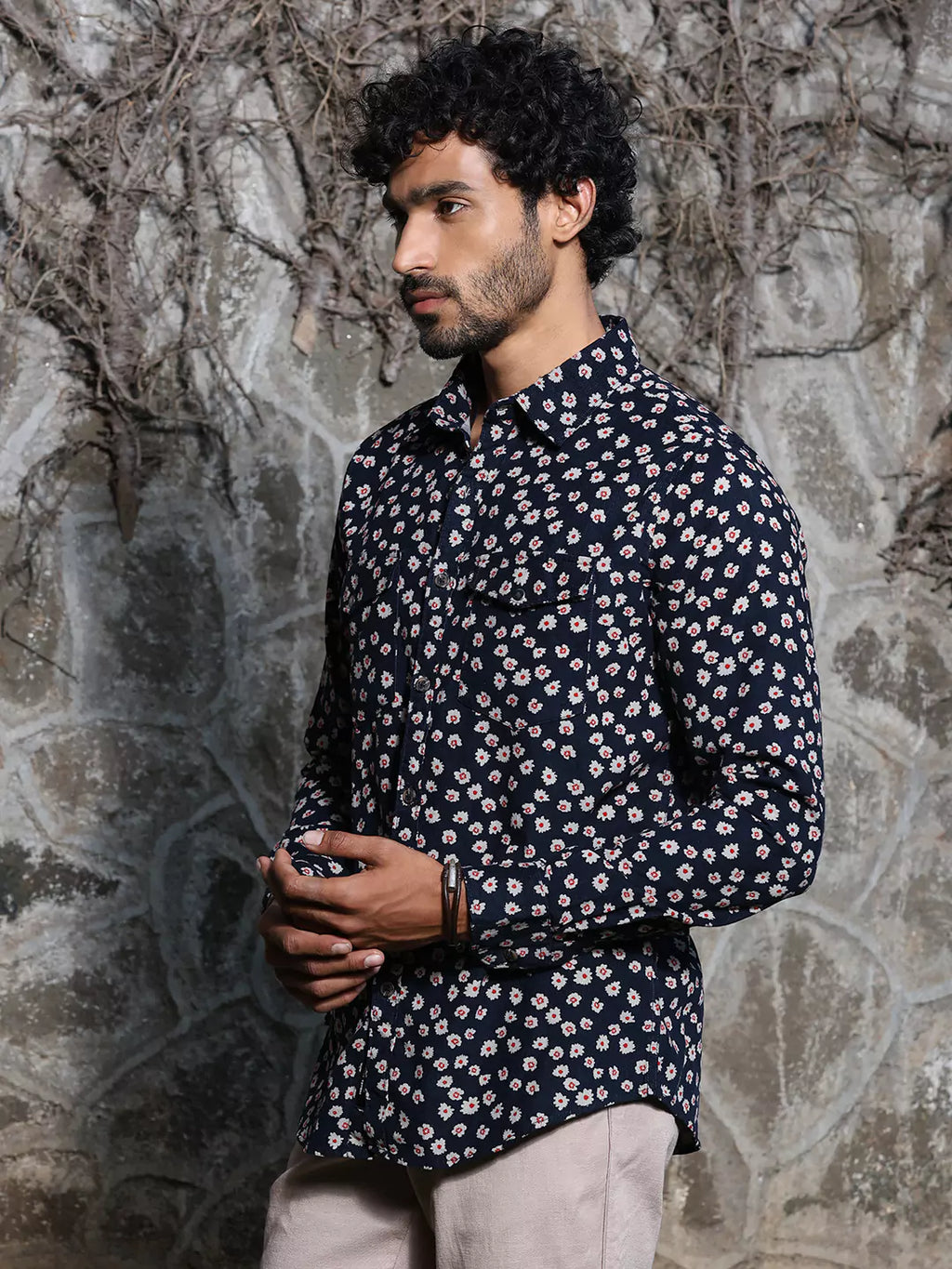 Thomas Scott Men Spread Collar Long Sleeve Premium Slim Fit Floral Printed Cotton Casual Shirt