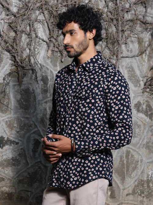 Thomas Scott Men Spread Collar Long Sleeve Premium Slim Fit Floral Printed Cotton Casual Shirt