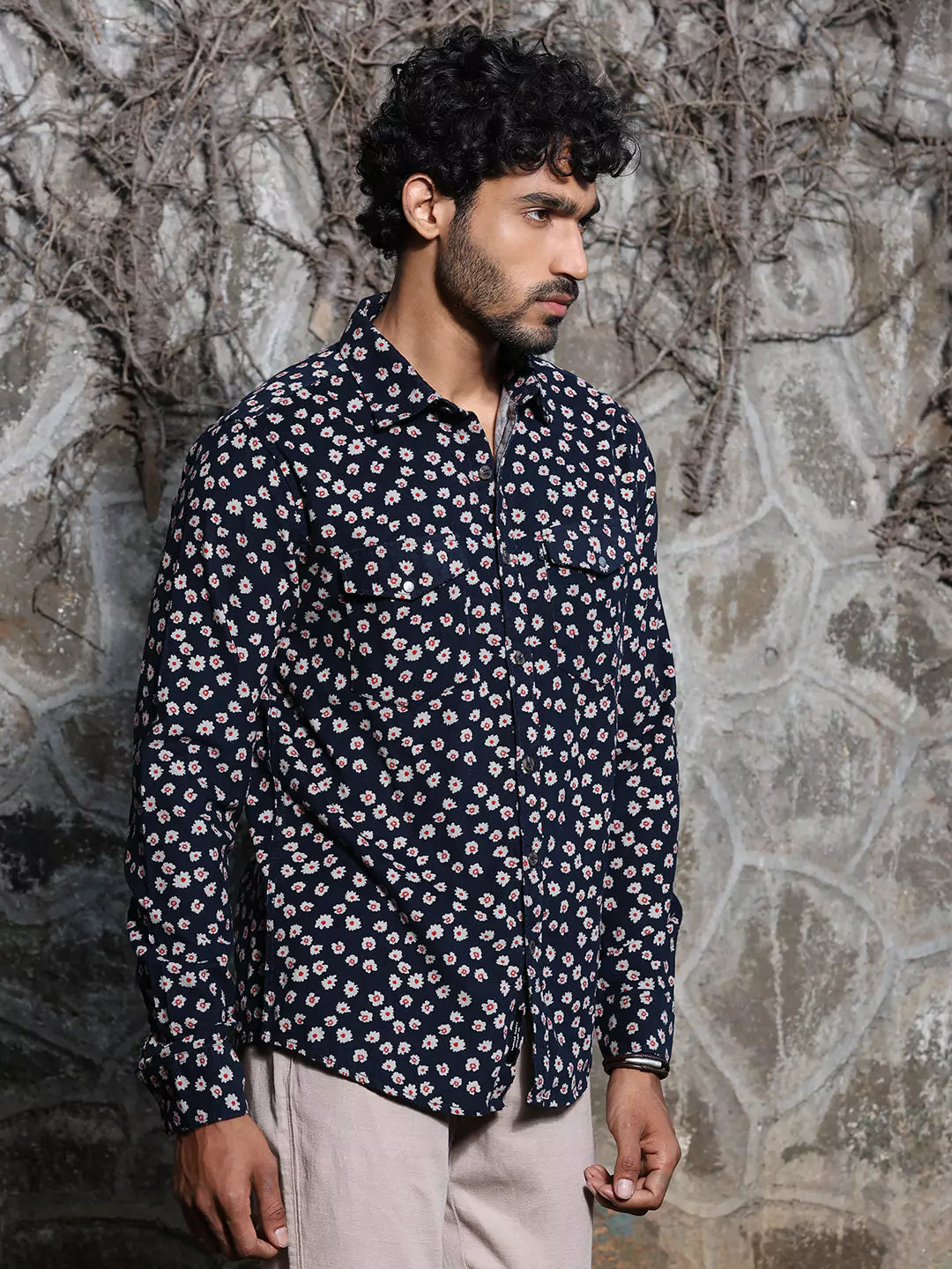 Thomas Scott Men Spread Collar Long Sleeve Premium Slim Fit Floral Printed Cotton Casual Shirt