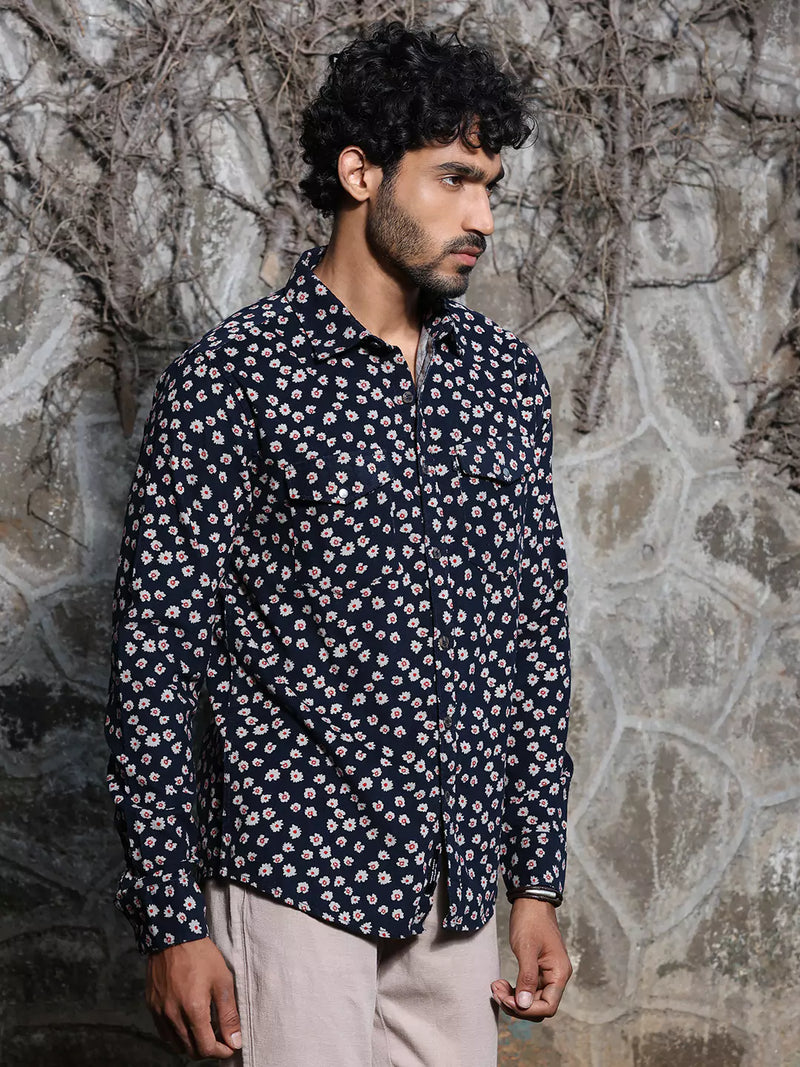 Thomas Scott Men Spread Collar Long Sleeve Premium Slim Fit Floral Printed Cotton Casual Shirt