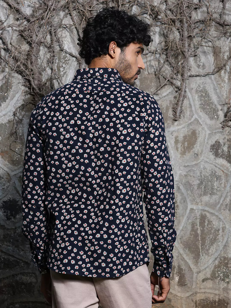 Thomas Scott Men Spread Collar Long Sleeve Premium Slim Fit Floral Printed Cotton Casual Shirt