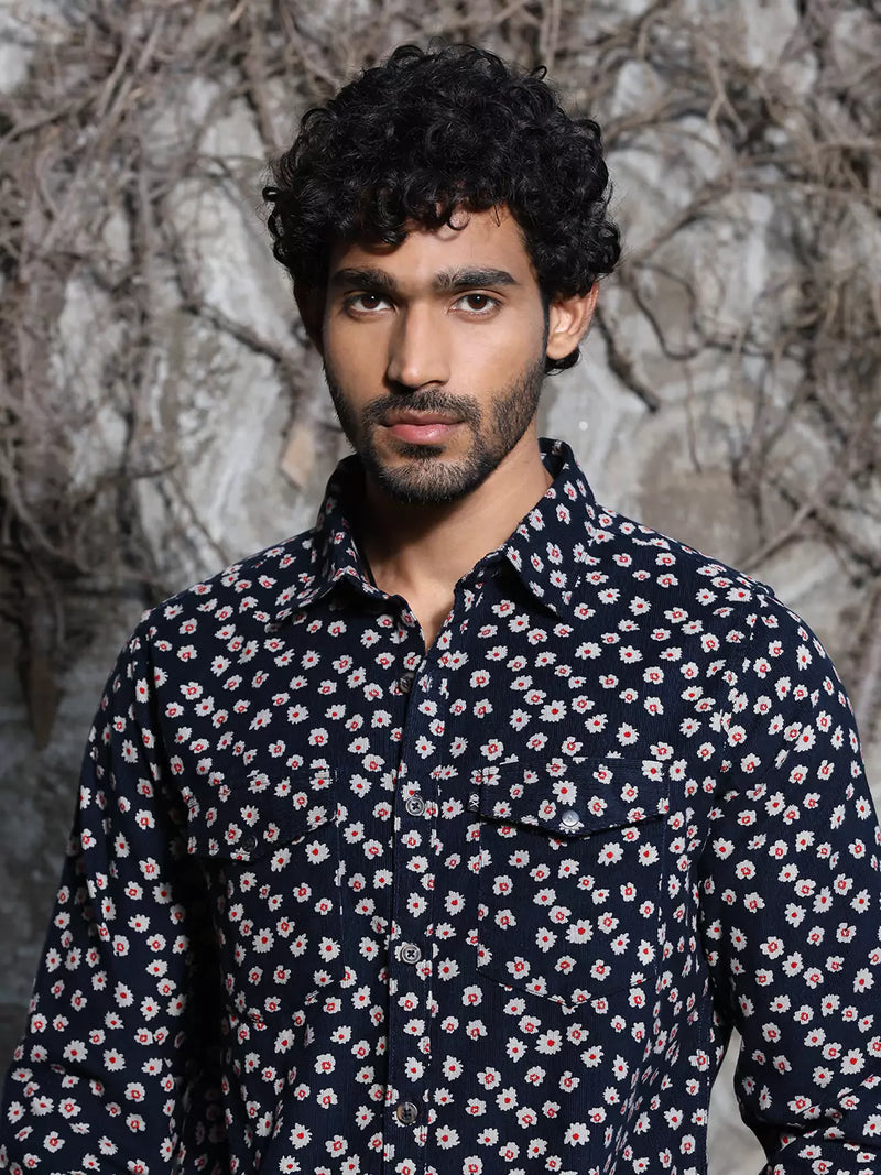 Thomas Scott Men Spread Collar Long Sleeve Premium Slim Fit Floral Printed Cotton Casual Shirt